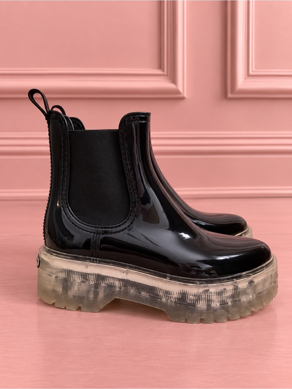 Lemon Jelly Ravyn Black Rubber Rain Boots with Transparent Sole Size 36